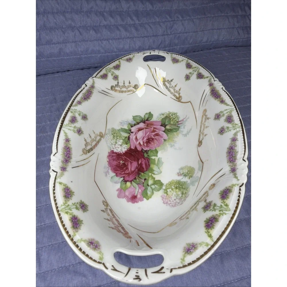 Vintage Porcelain Floral Fruit Bowl Oval Serving Dish Gold Trim Rose Design